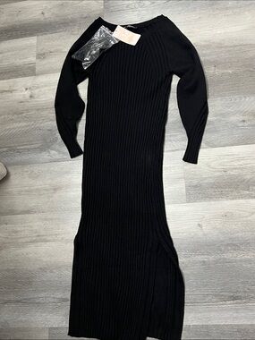 Black Ribbed Knit Maxi Dress with Side Slit